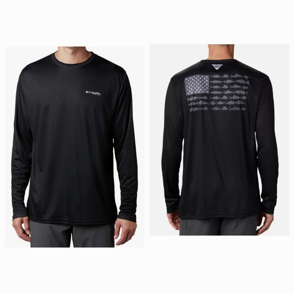Columbia PFG Omni Shade Black Fish Flag Long Sleeve Fishing Shirt Sx XXL NEW - Picture 1 of 13